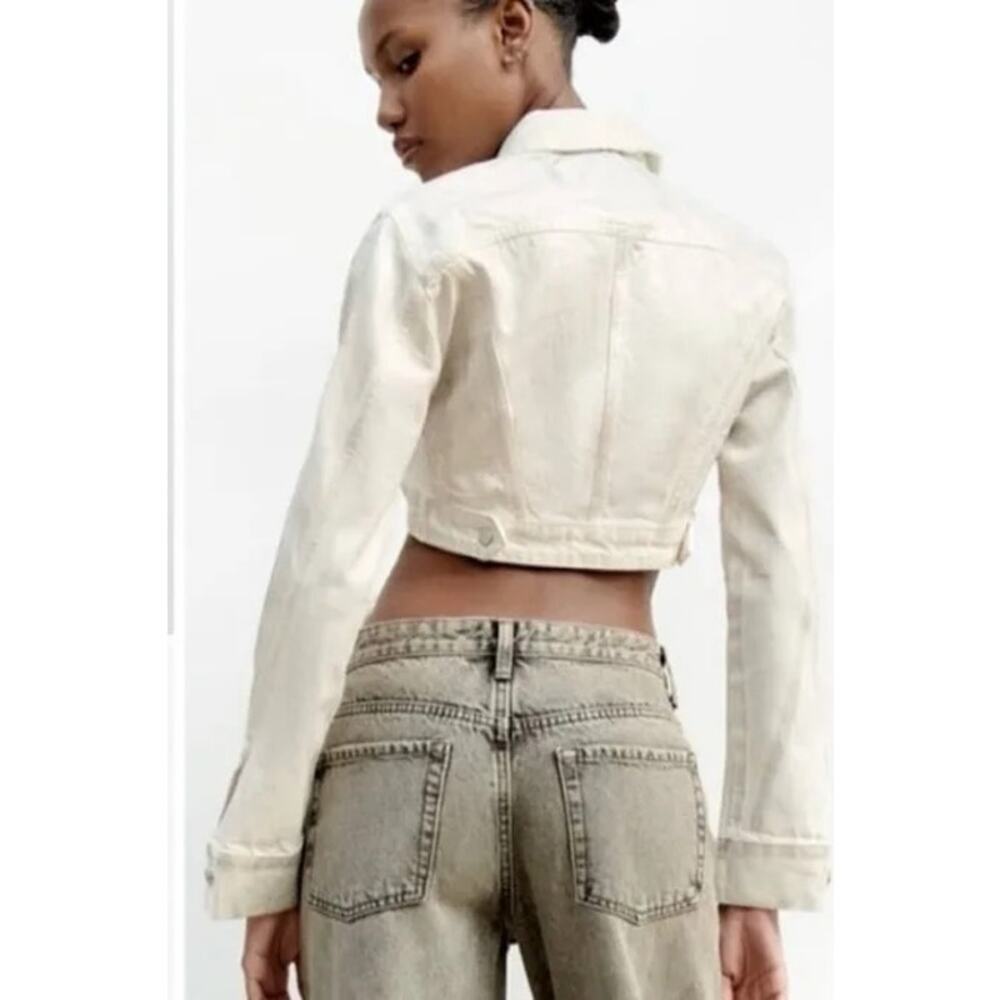 NWT Zara Y2K Metallic Retro Vintage Crop Denim Jacket White Silver Small - Picture 2 of 7